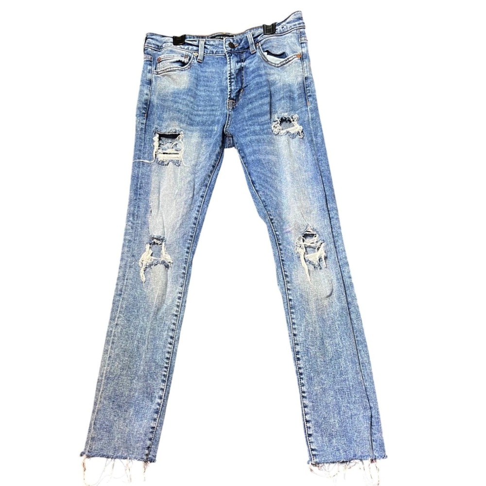 Aeropostale Mens Size 30x30 Skinny Taper Jeans Blue Distressed Ripped Frayed Hem - Picture 2 of 16